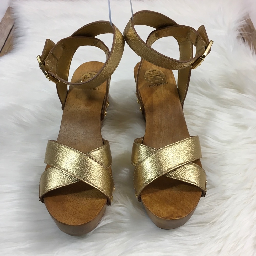 Tory Burch Gold Strappy Risley Clog Wedge - Picture 3 of 8